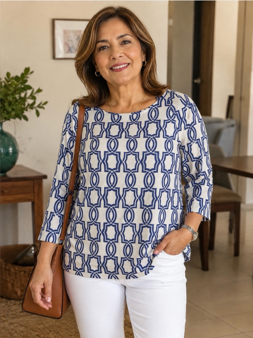 Chico's Navy & White Geometric Boatneck Top